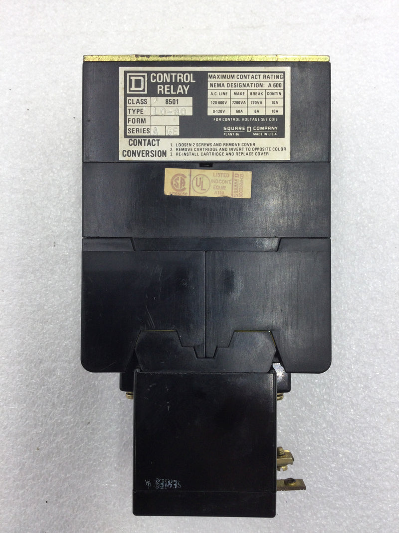 Square D 8501LO80AGE Control Relay Type L Series A-GE 8 Pole 120-600 VAC 60 Amp Max with 120 VAC Coil