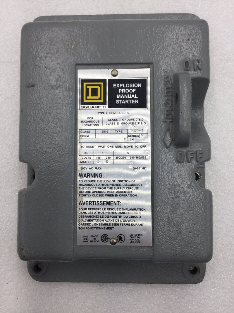 Square D 2510 MCR-1 Explosion Proof Starter Enclosure with 2510 MCO-1 Starter 115-230 VAC 2-3 HP (Missing Exterior On/Off Handle)