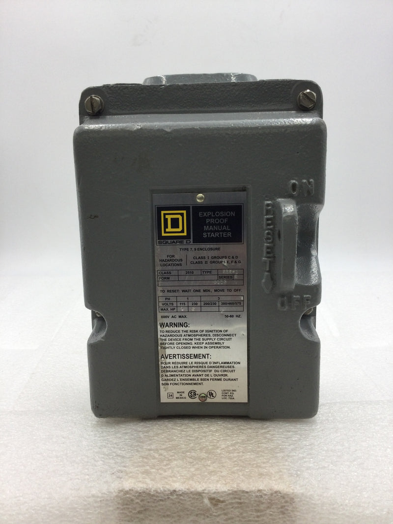 Square D 2510 MCR-1 Explosion Proof Starter Enclosure with 2510 MCO-1 Starter 115-230 VAC 2-3 HP (Missing Exterior On/Off Handle)