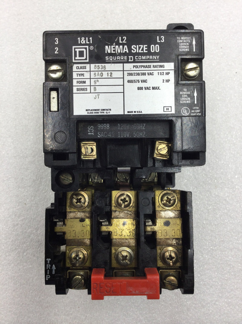 Square D 8536 SAO12 Nema Size 00 Starter 3 Phase 200-575 VAC 1 1/2-2 HP with 120 VAC Coil