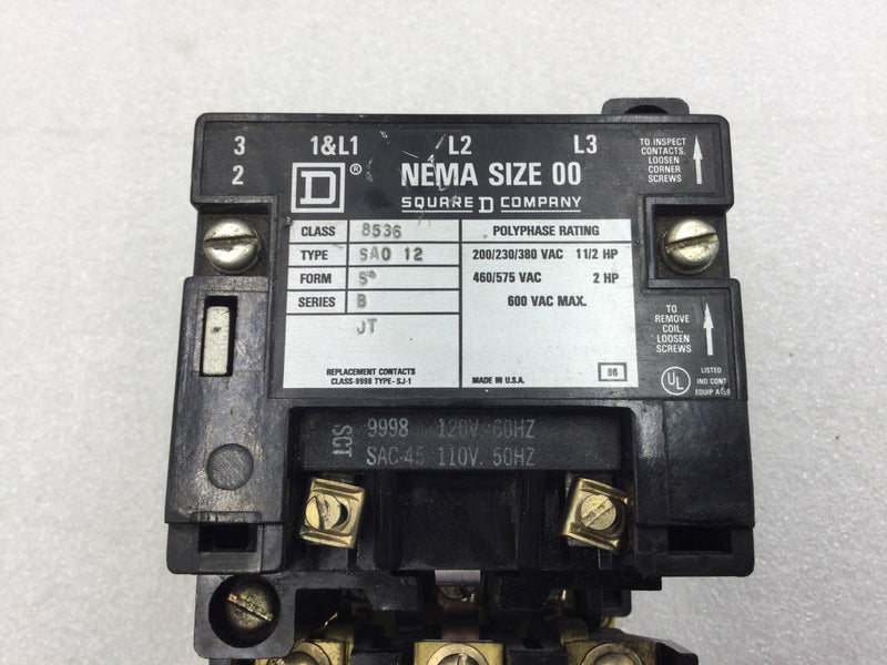 Square D 8536 SAO12 Nema Size 00 Starter 3 Phase 200-575 VAC 1 1/2-2 HP with 120 VAC Coil