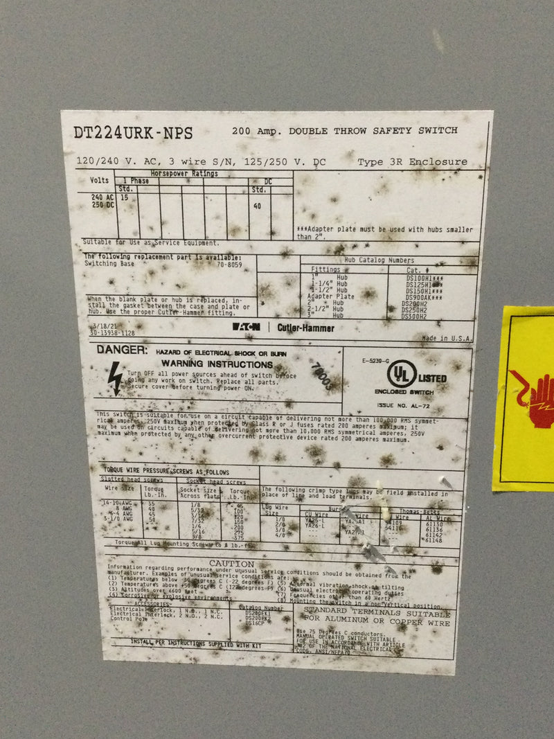 Eaton DT224URK-NPS General Duty Double Throw Switch, 2-Pole, 200A, 240V, NEMA 3R