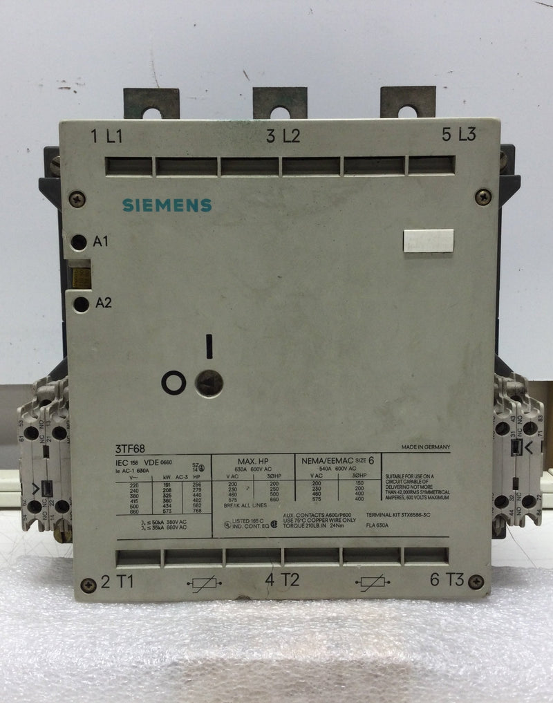 Siemens 3TF68 Nema Size 6 Contactor 3 Phase 630 Amp 220-660 VAC 400 HP with 240 VAC Coils