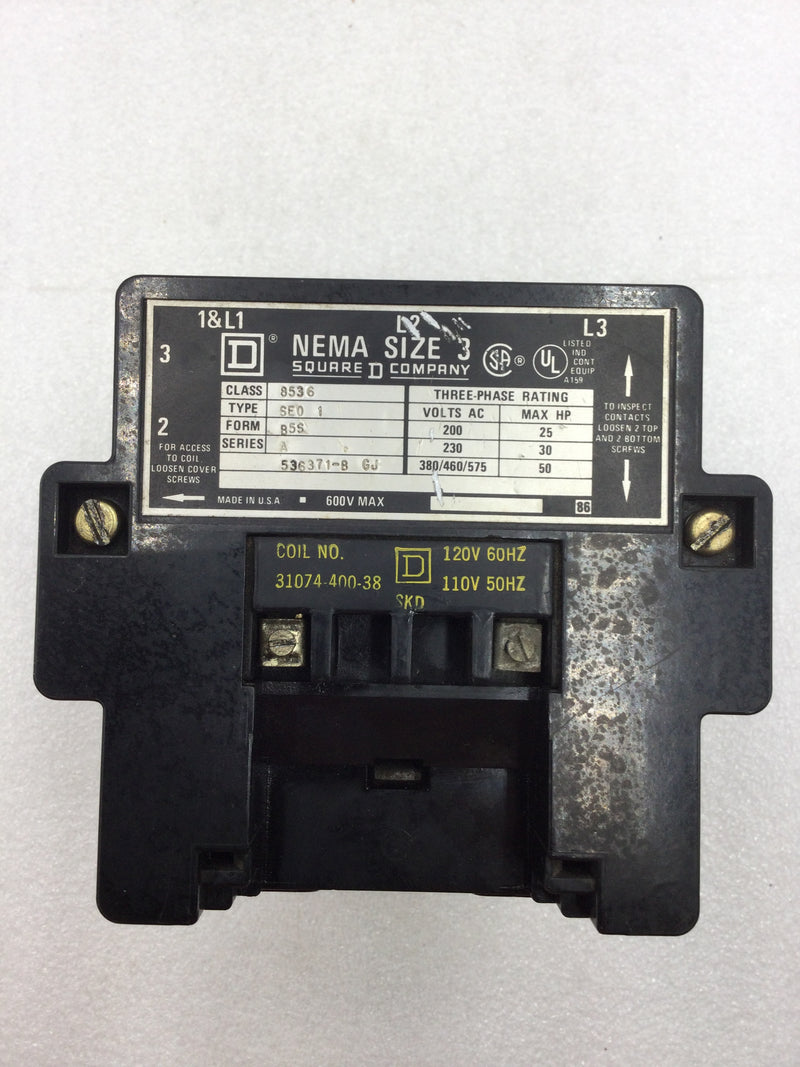 Square D 8536SE01 Series A Nema Size 3 Starter 3 Phase 200-575 VAC 25-50 HP 120 VAC Coil without Overload Relay