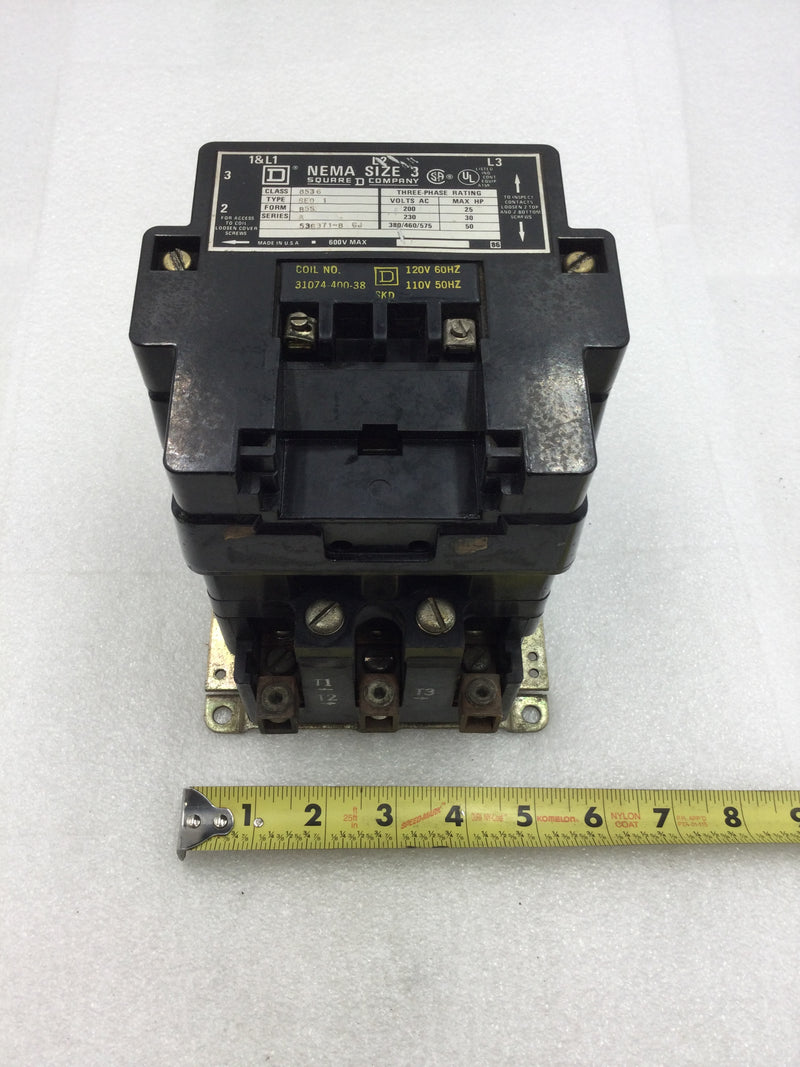 Square D 8536SE01 Series A Nema Size 3 Starter 3 Phase 200-575 VAC 25-50 HP 120 VAC Coil without Overload Relay