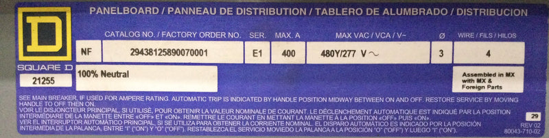 Square D NF 29438125890070001 Interior Series 400 A 480/277 3 PH 4 W 30 Space in Box MH50