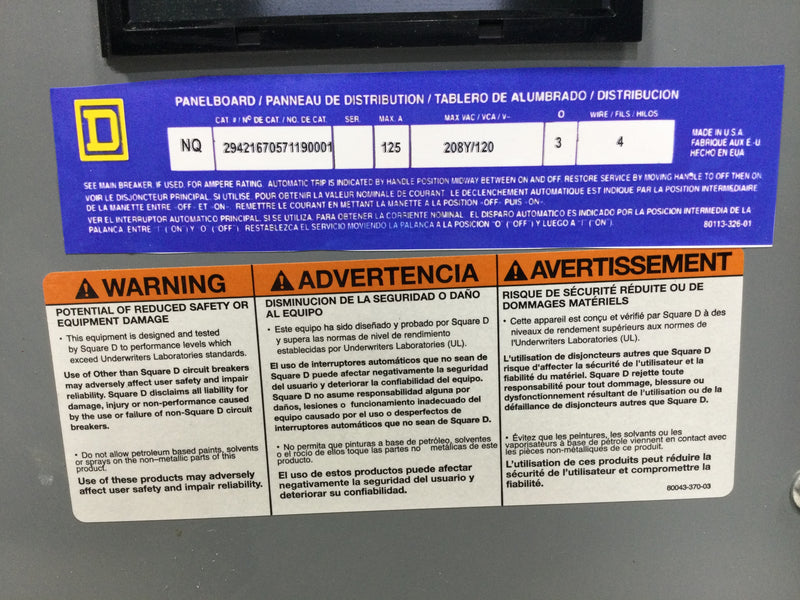 Square D NQ29421670571190001 125 amp, 208/120V, 3 PH, 4 Wire 16 Space Main Breaker Panel