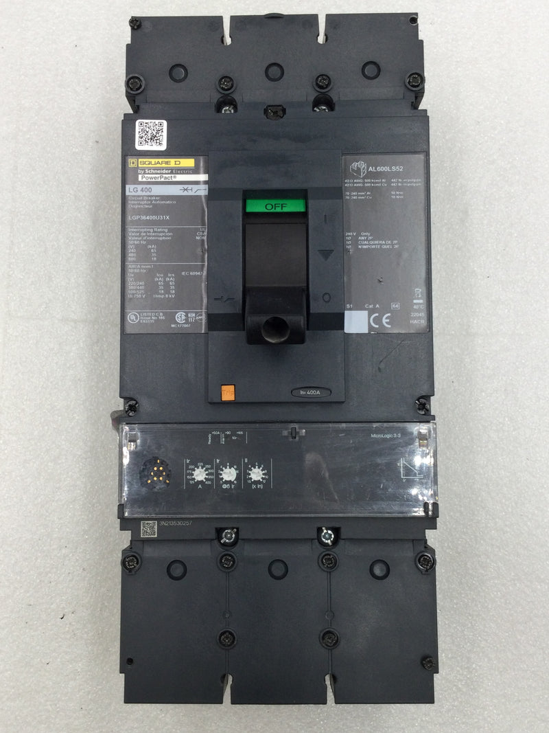 Square D LGP36400U31X 400 Amp 3 Pole 600V PowerPact LG400 Circuit Breaker