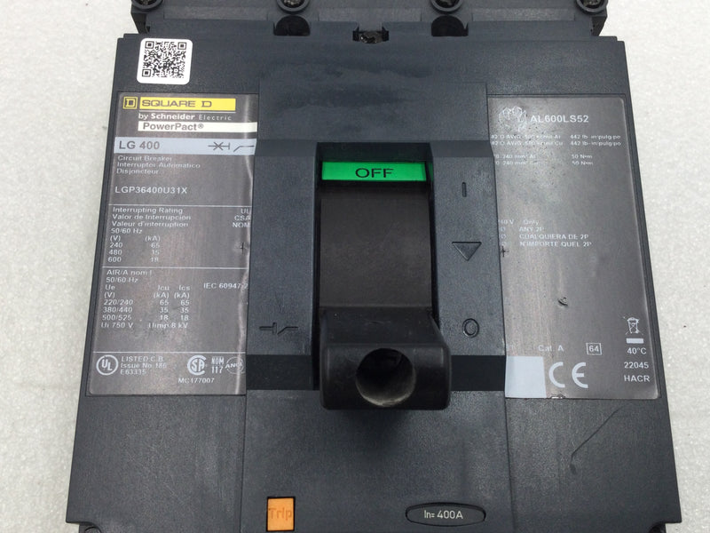 Square D LGP36400U31X 400 Amp 3 Pole 600V PowerPact LG400 Circuit Breaker