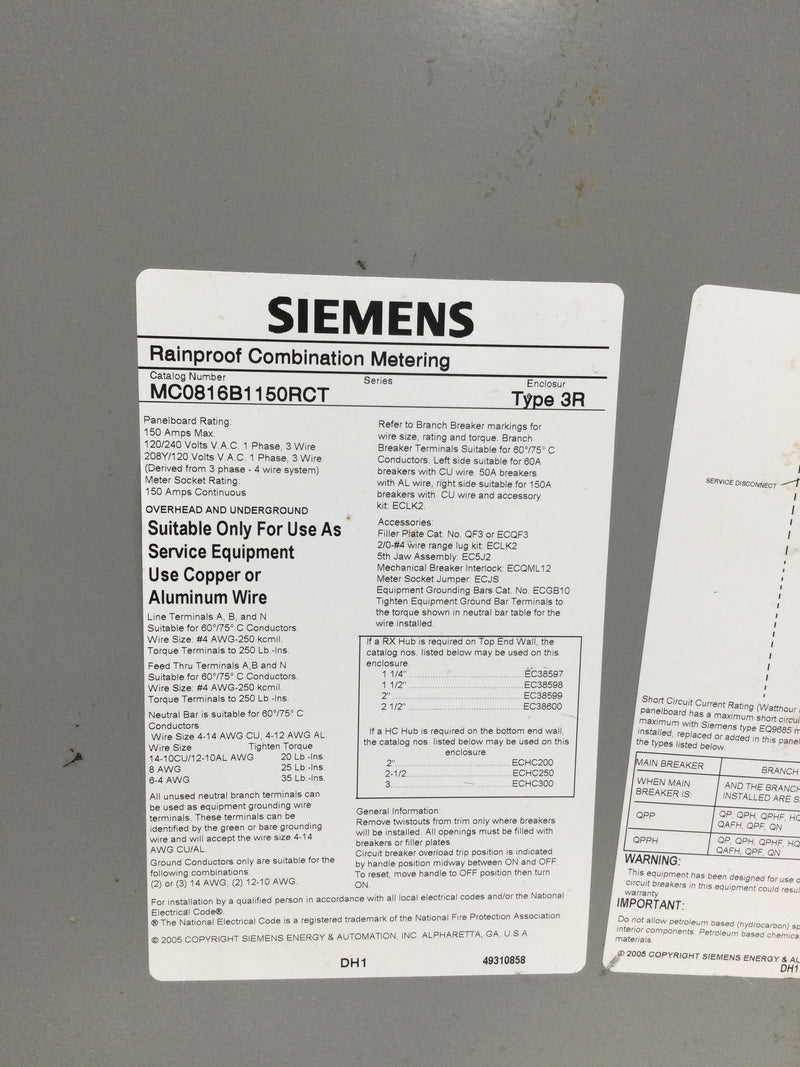 Siemens MC0816B1150RCT Rainproof Combination Metering Door Only 150 Amp 120/240V 18 1/8" x 14 3/8"