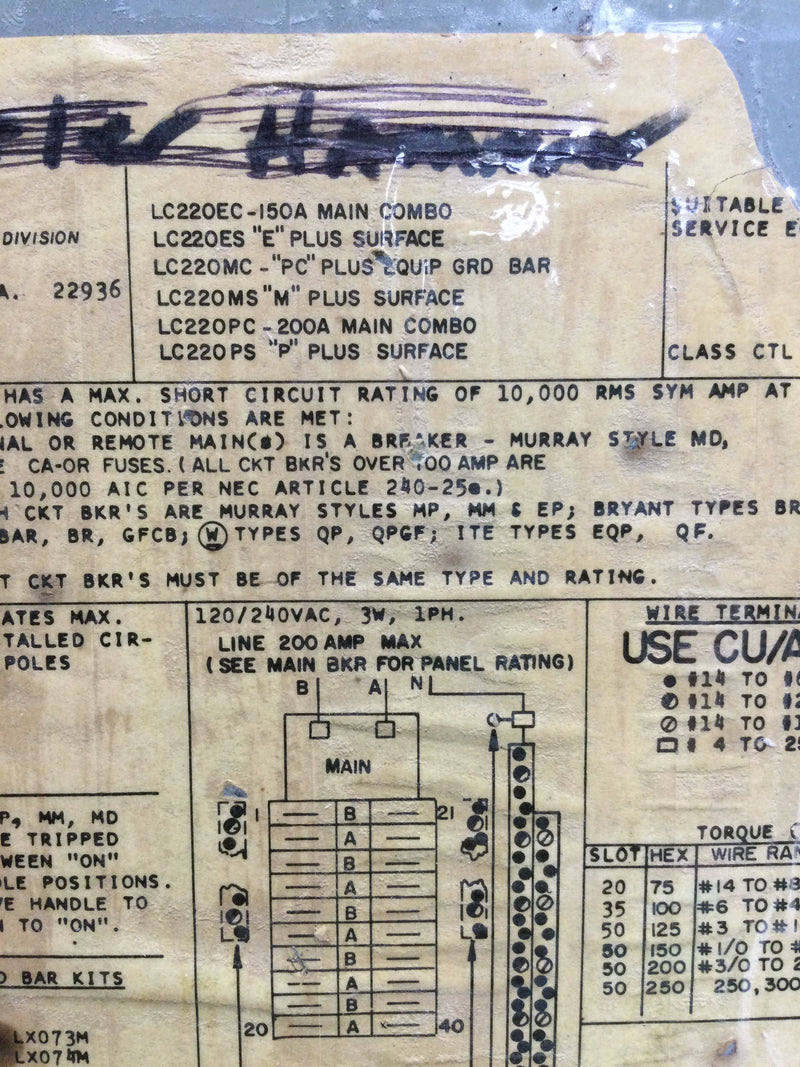 Arrow Hart Murray LC220EC Breaker Panel Door Only with Main 120/240v 3 Wire 1 Phase Cover Only 21.5" x 14.5"