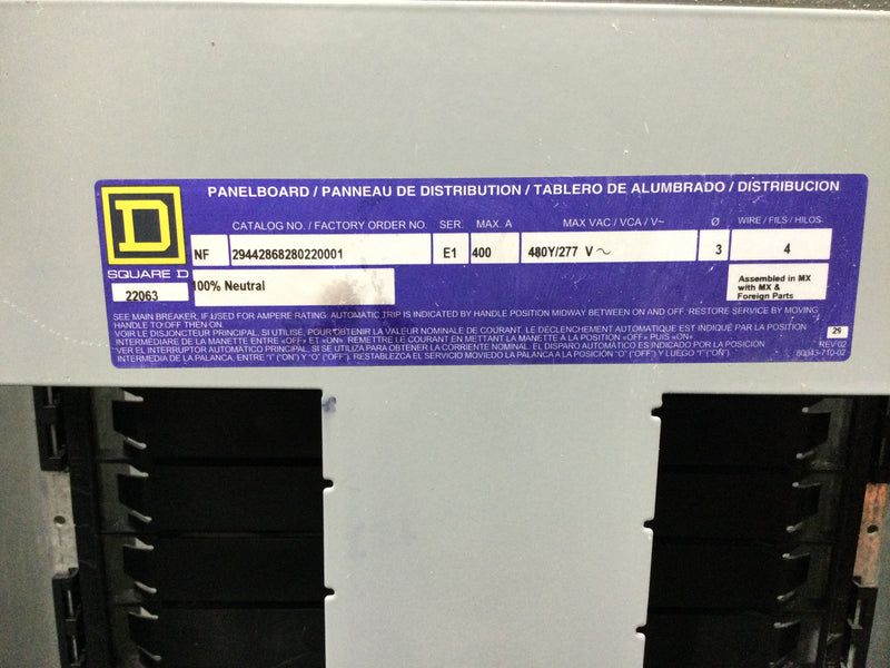 Square D NF 294428682802200001 Interior Series 400 A 480/277 3 PH 4 W 30 Space in Box MH68D9 with Cover NC68VS3PNF