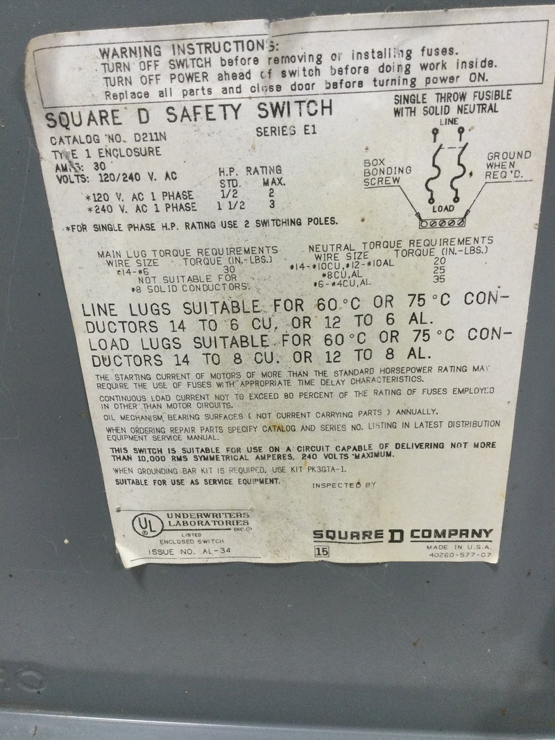 Square D D211N General Duty Safety Switch 30 AMP