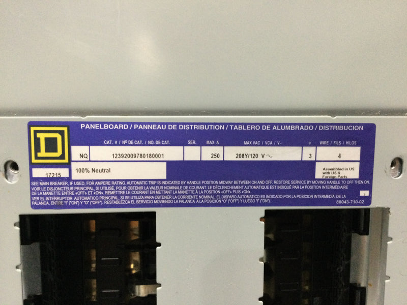 Square D NQ1239200097801800001 250 amp, 208/120V, 3 PH, 4 Wire 42 Space Main Breaker Panel