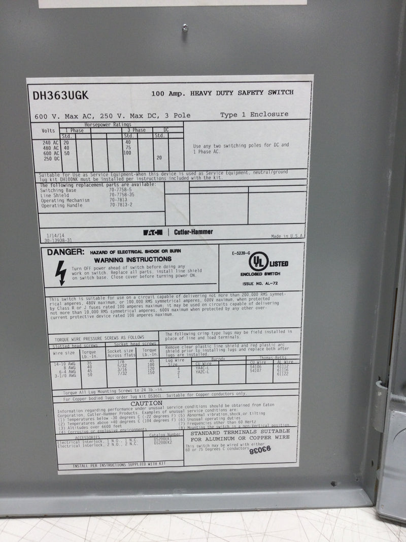 Eaton DH363UGK Type 1 Heavy Duty Safety Switch 100 Amp 3 Phase 240-600 VAC Non-Fused