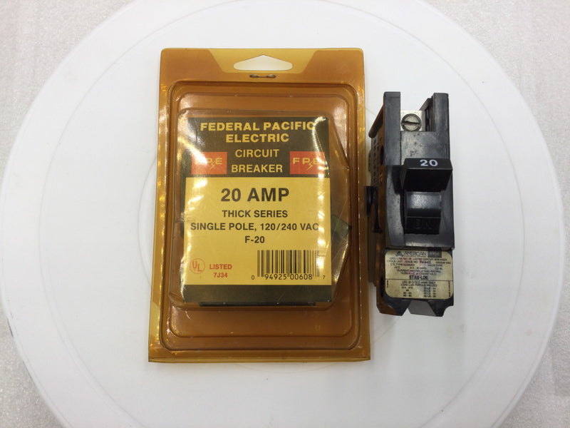 FPE Federal Pacific F-20 20 Amp 1 Pole 120/240v Thick Series Stab-Lok Circuit Breaker