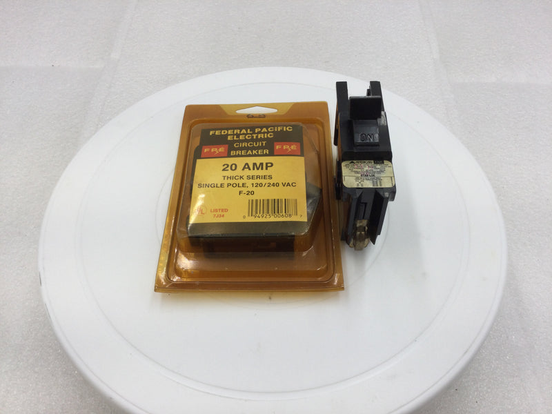FPE Federal Pacific F-20 20 Amp 1 Pole 120/240v Thick Series Stab-Lok Circuit Breaker