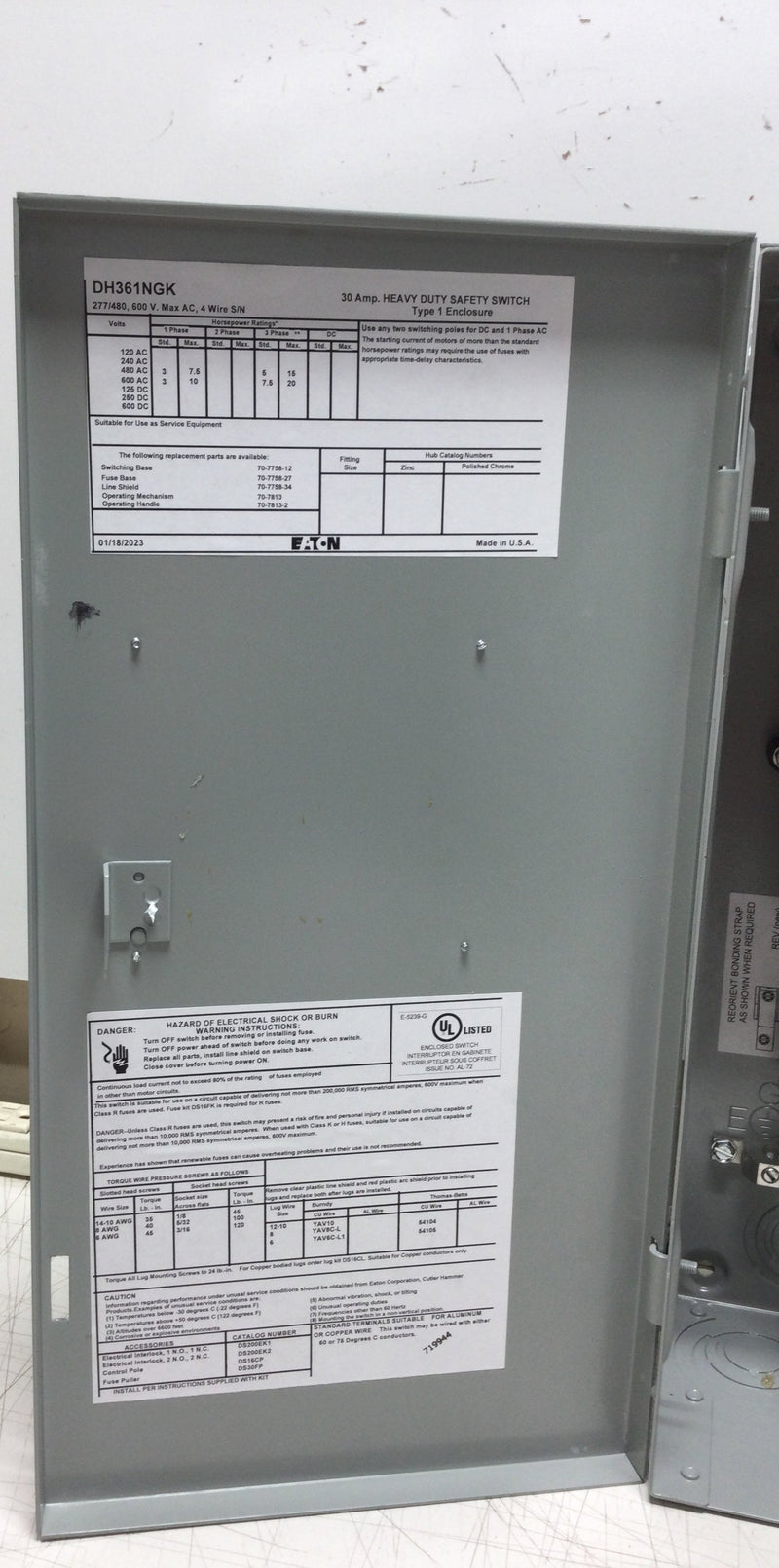 Eaton DH361NGK Nema Type 1 30 Amp 3 Phase 277-600 VAC Fusible Heavy Duty Safety Switch