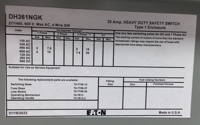 Eaton DH361NGK Nema Type 1 30 Amp 3 Phase 277-600 VAC Fusible Heavy Duty Safety Switch