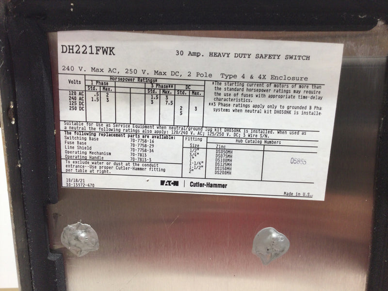 Eaton DH221FWK 30 Amp 240 VAC 2 Pole Nema 4X Fused Outdoor Heavy Duty Safety Switch