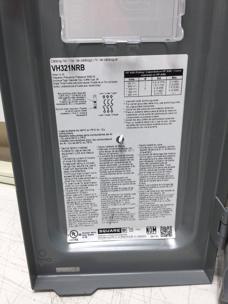 Square D VH321NRB 30 Amp Heavy Duty VisiPac Fusible Safety Switch 3 Phase 240 VAC in Nema 3R Enclosure