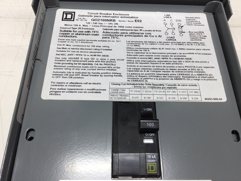 Square D QO2100NRB 100 Amp 120/240 VAC 1 Phase Circuit Breaker Enclosure with 100 Amp 2 Pole Breaker