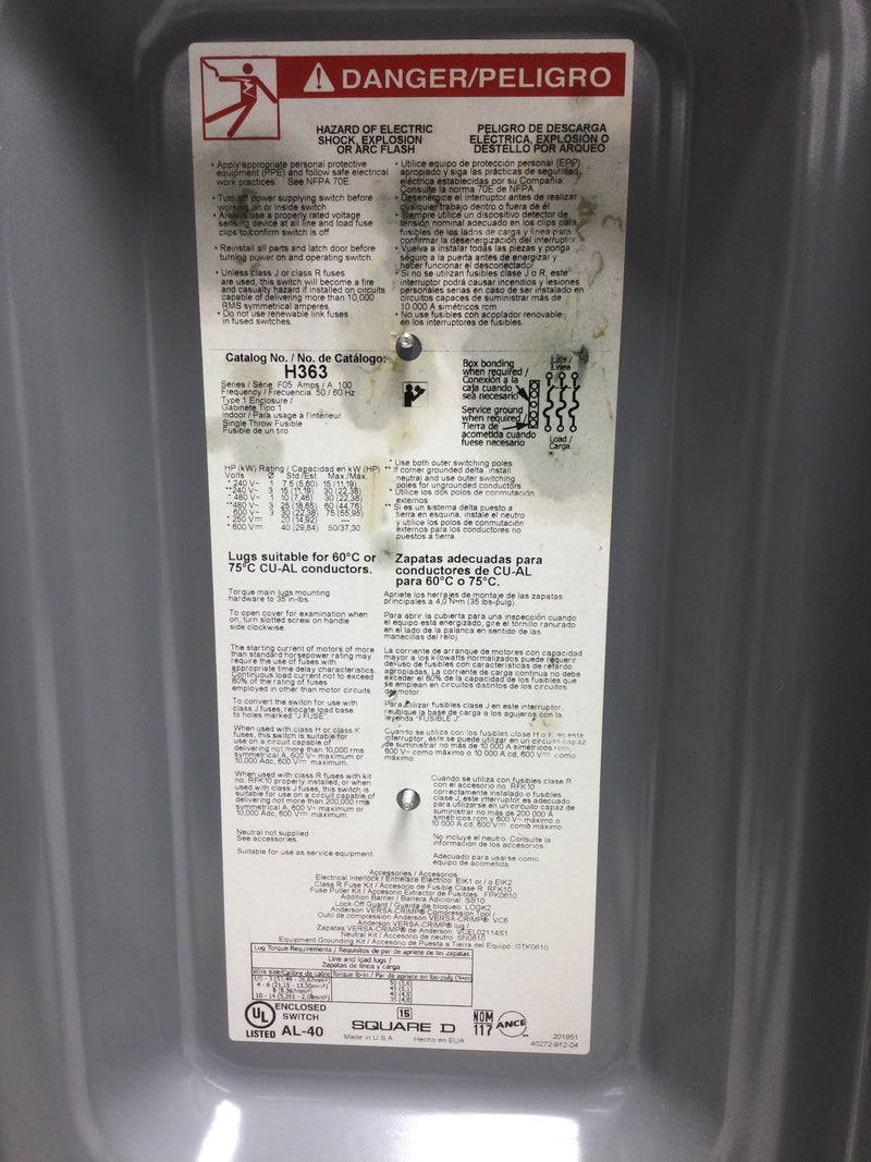 Square D H363 3 Pole 100 Amp 600vac Heavy Duty Fused Safety Switch Series F05 With Electrical Interlock