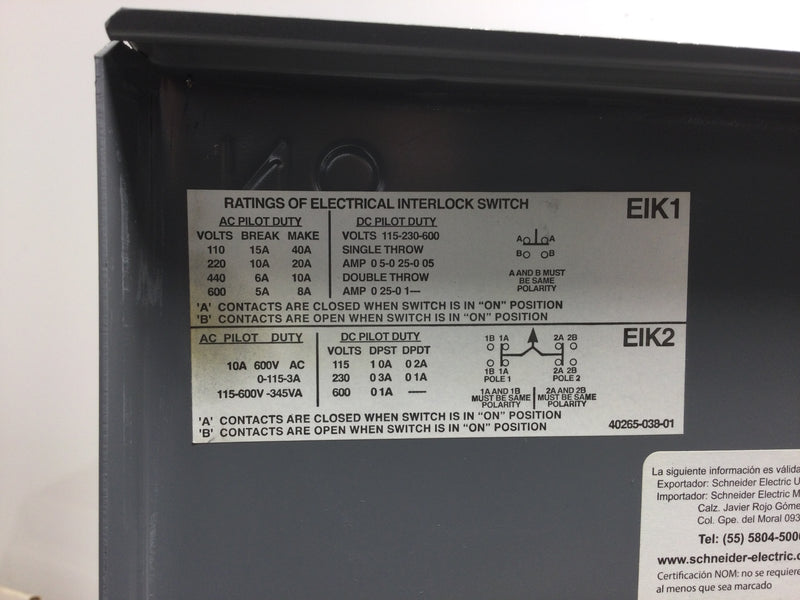 Square D H363 3 Pole 100 Amp 600vac Heavy Duty Fused Safety Switch Series F05 With Electrical Interlock