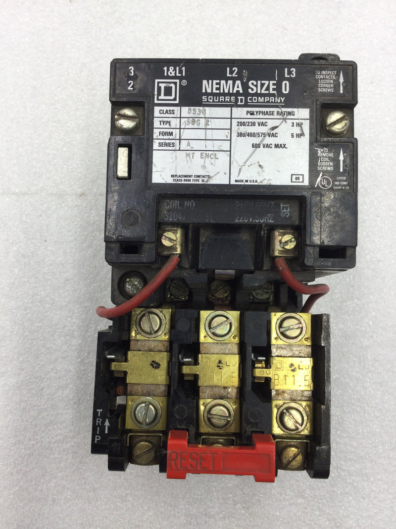 Square D 8536SBG2 Nema Size 0 Series A 3 Phase 200/230 VAC Contactor with 240 VAC Coil (8536SBG-2)