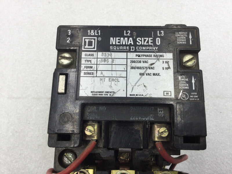 Square D 8536SBG2 Nema Size 0 Series A 3 Phase 200/230 VAC Contactor with 240 VAC Coil (8536SBG-2)