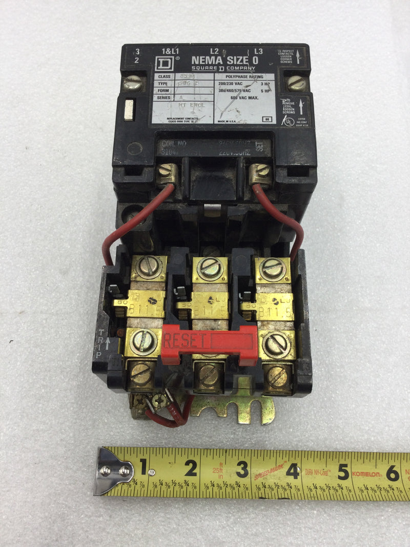 Square D 8536SBG2 Nema Size 0 Series A 3 Phase 200/230 VAC Contactor with 240 VAC Coil (8536SBG-2)