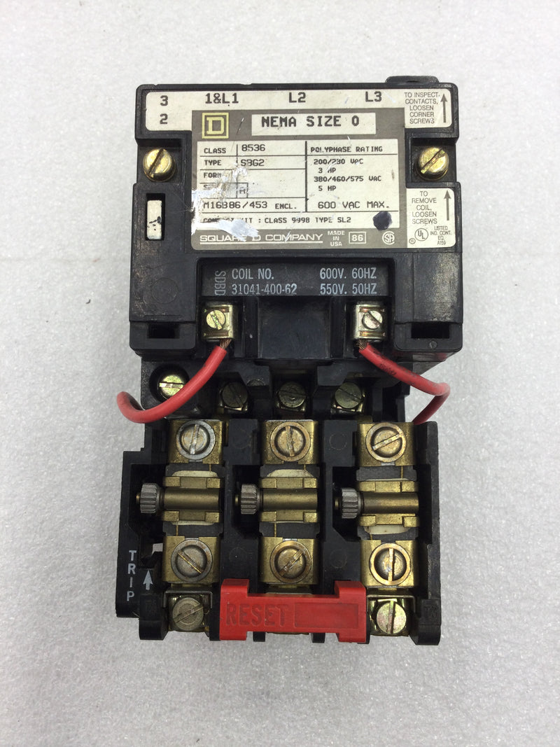 Square D 8536SBG2 Nema Size 0 Series A 3 Phase 200/230 VAC Contactor with 600 VAC Coil (8536SBG-2)