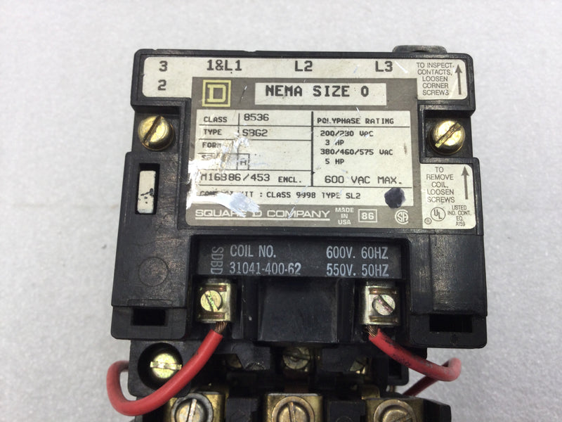 Square D 8536SBG2 Nema Size 0 Series A 3 Phase 200/230 VAC Contactor with 600 VAC Coil (8536SBG-2)