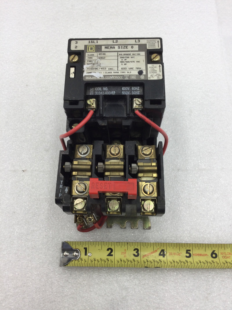 Square D 8536SBG2 Nema Size 0 Series A 3 Phase 200/230 VAC Contactor with 600 VAC Coil (8536SBG-2)