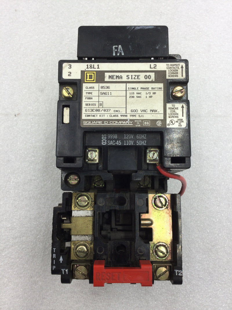 Square D 8536SAG11 Nema Size 00 Series B Contactor/Starter 2 Pole 115/230 VAC with 120 VAC Coil