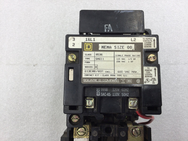 Square D 8536SAG11 Nema Size 00 Series B Contactor/Starter 2 Pole 115/230 VAC with 120 VAC Coil