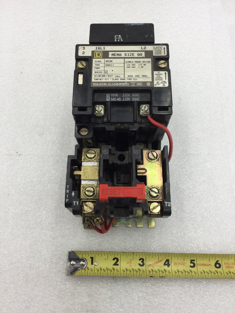 Square D 8536SAG11 Nema Size 00 Series B Contactor/Starter 2 Pole 115/230 VAC with 120 VAC Coil