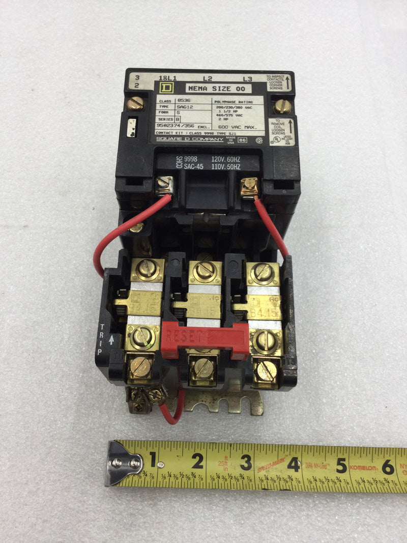 Square D 8536SAG12 3 Pole 200/230/380VAC @ 1 1/2HP 460/575VAC @ 2Hp Motor Starter with 120 VAC Coil