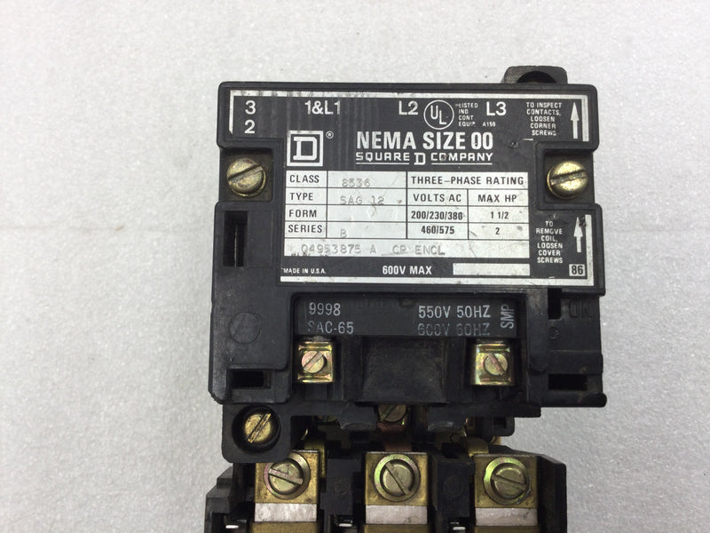 Square D 8536SAG12 3 Pole 200/230/380VAC @ 1 1/2HP 460/575VAC @ 2Hp Motor Starter with 600 VAC Coil