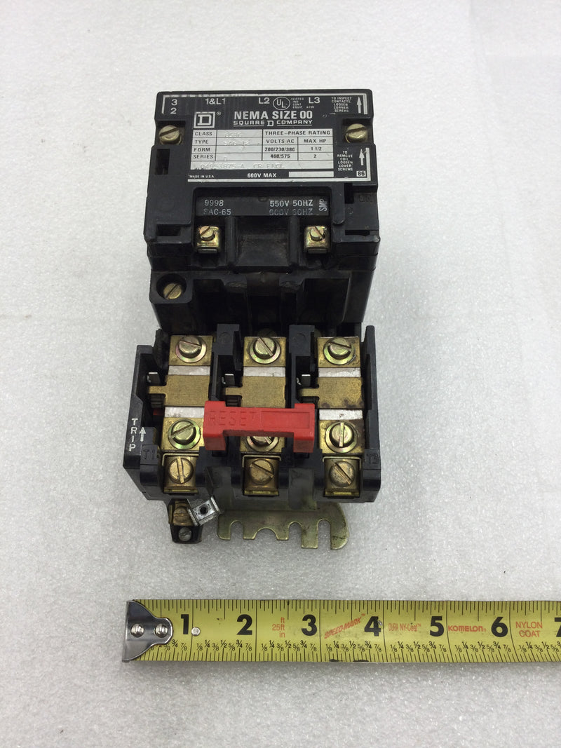 Square D 8536SAG12 3 Pole 200/230/380VAC @ 1 1/2HP 460/575VAC @ 2Hp Motor Starter with 600 VAC Coil