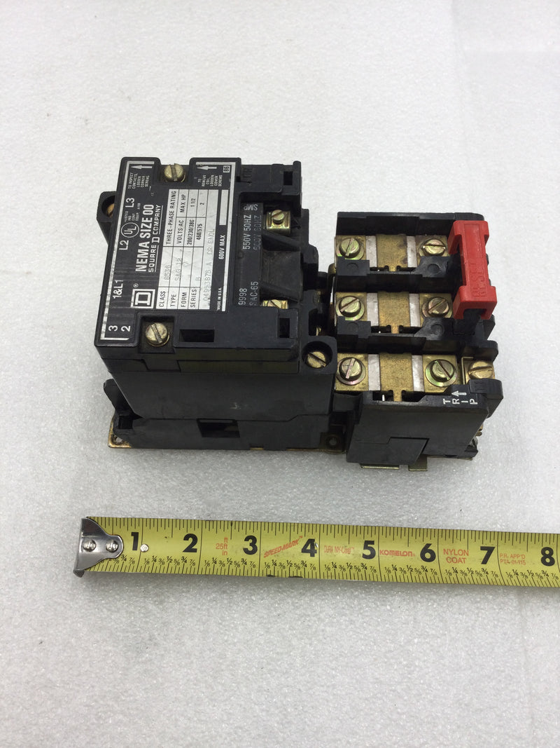 Square D 8536SAG12 3 Pole 200/230/380VAC @ 1 1/2HP 460/575VAC @ 2Hp Motor Starter with 600 VAC Coil