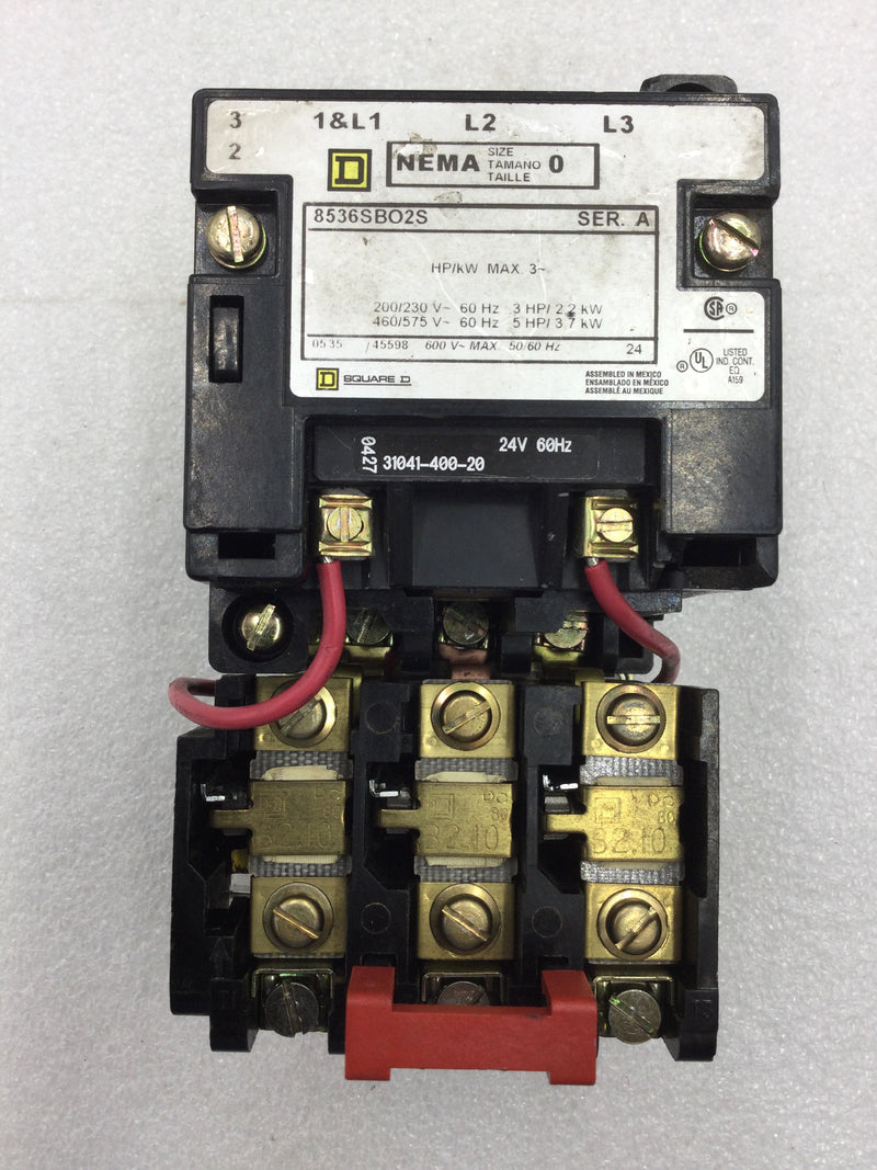 Square D 8536SBO2S Series A Nema Size 0 Motor Starter 3 Pole 200-575 VAC 3-5 HP with 24 VAC Coil