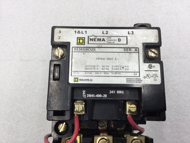 Square D 8536SBO2S Series A Nema Size 0 Motor Starter 3 Pole 200-575 VAC 3-5 HP with 24 VAC Coil