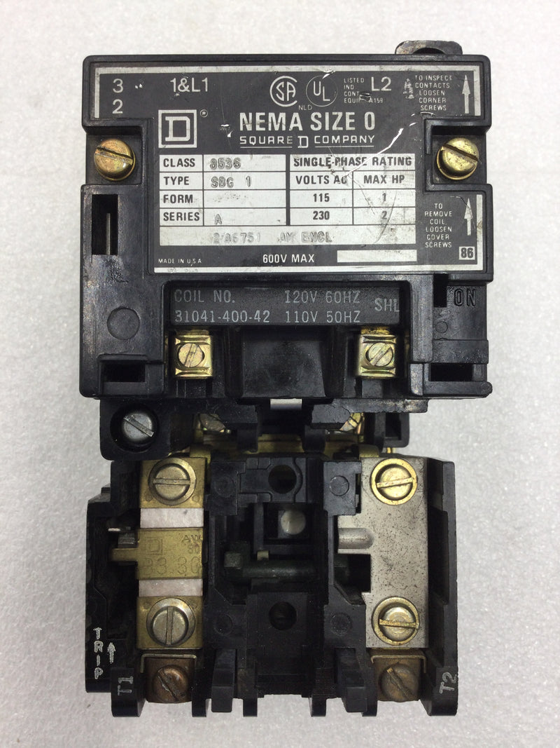 Square D 8536SBG1 Nema Size 0 Series A 2 Pole 115/230 VAC Contactor/Starter with 120 VAC Coil