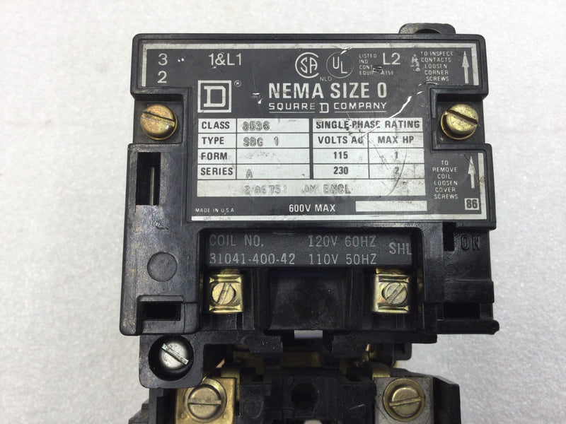 Square D 8536SBG1 Nema Size 0 Series A 2 Pole 115/230 VAC Contactor/Starter with 120 VAC Coil