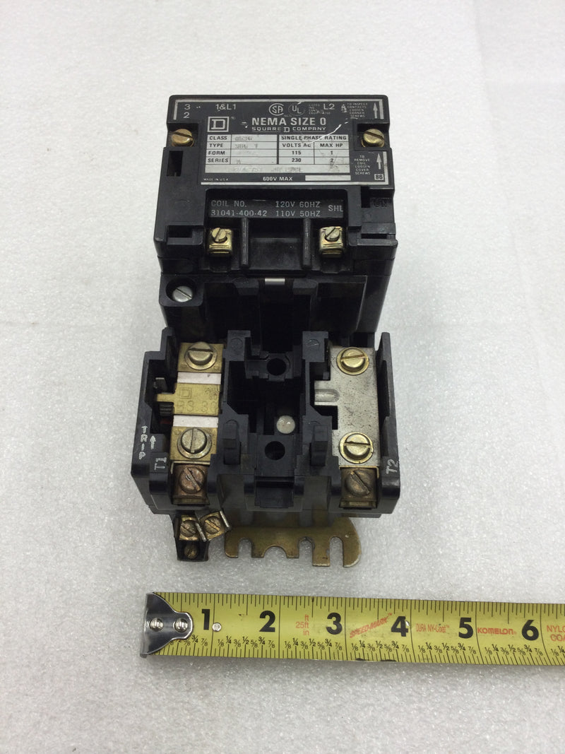 Square D 8536SBG1 Nema Size 0 Series A 2 Pole 115/230 VAC Contactor/Starter with 120 VAC Coil