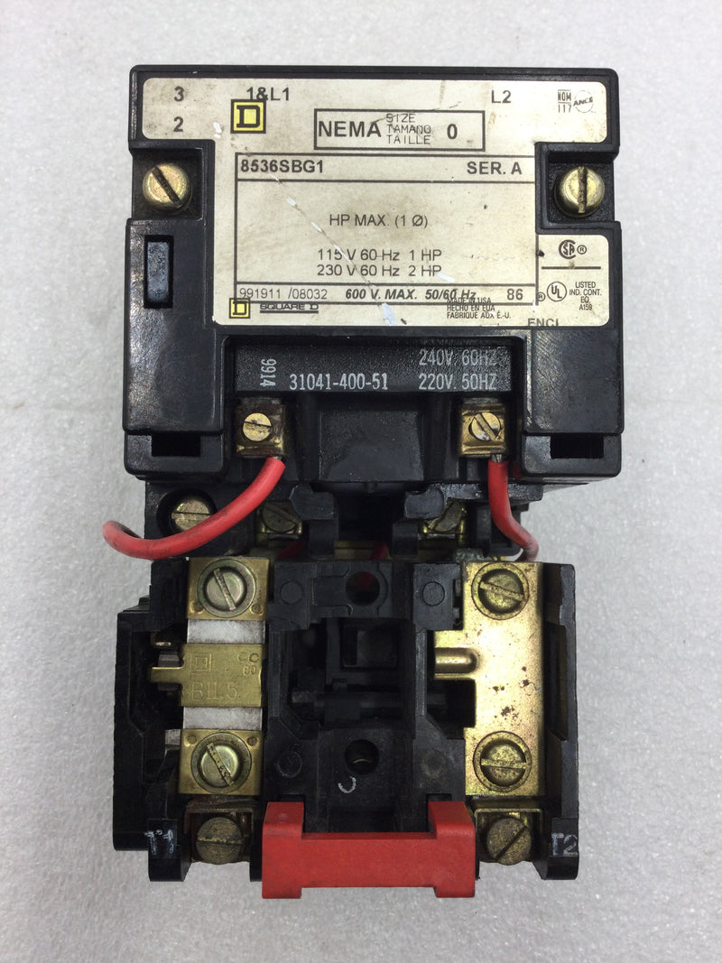 Square D 8536SBG1 Nema Size 0 Series A 2 Pole 115/230 VAC Contactor/Starter with 240 VAC Coil