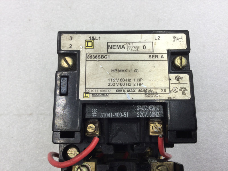 Square D 8536SBG1 Nema Size 0 Series A 2 Pole 115/230 VAC Contactor/Starter with 240 VAC Coil