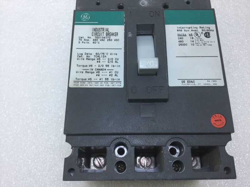 General Electric TED134070 3 Pole 70 Amp 480v Bolt In Circuit Breaker