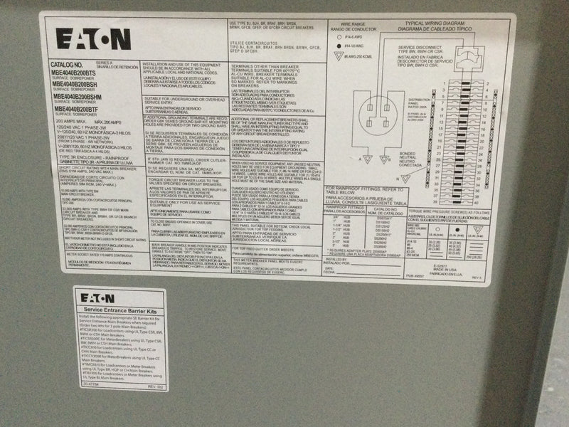 Eaton MBE4040B200BTS 200 Amp 120/240V 1 Phase 3 Wire 40 Space Meter Main Combo 34" x 22"